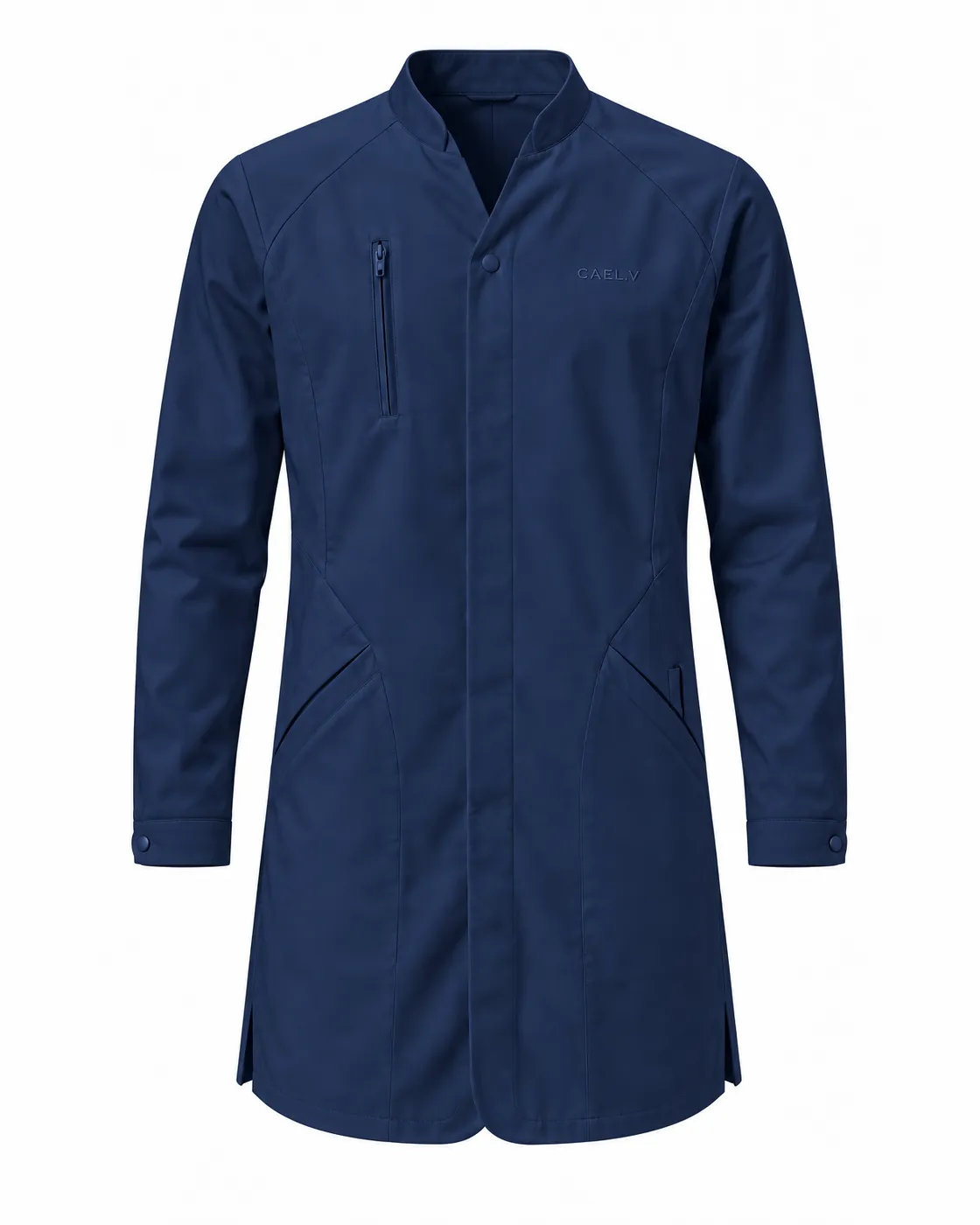 Mandarin Zip Lab Coat — Front · Navy