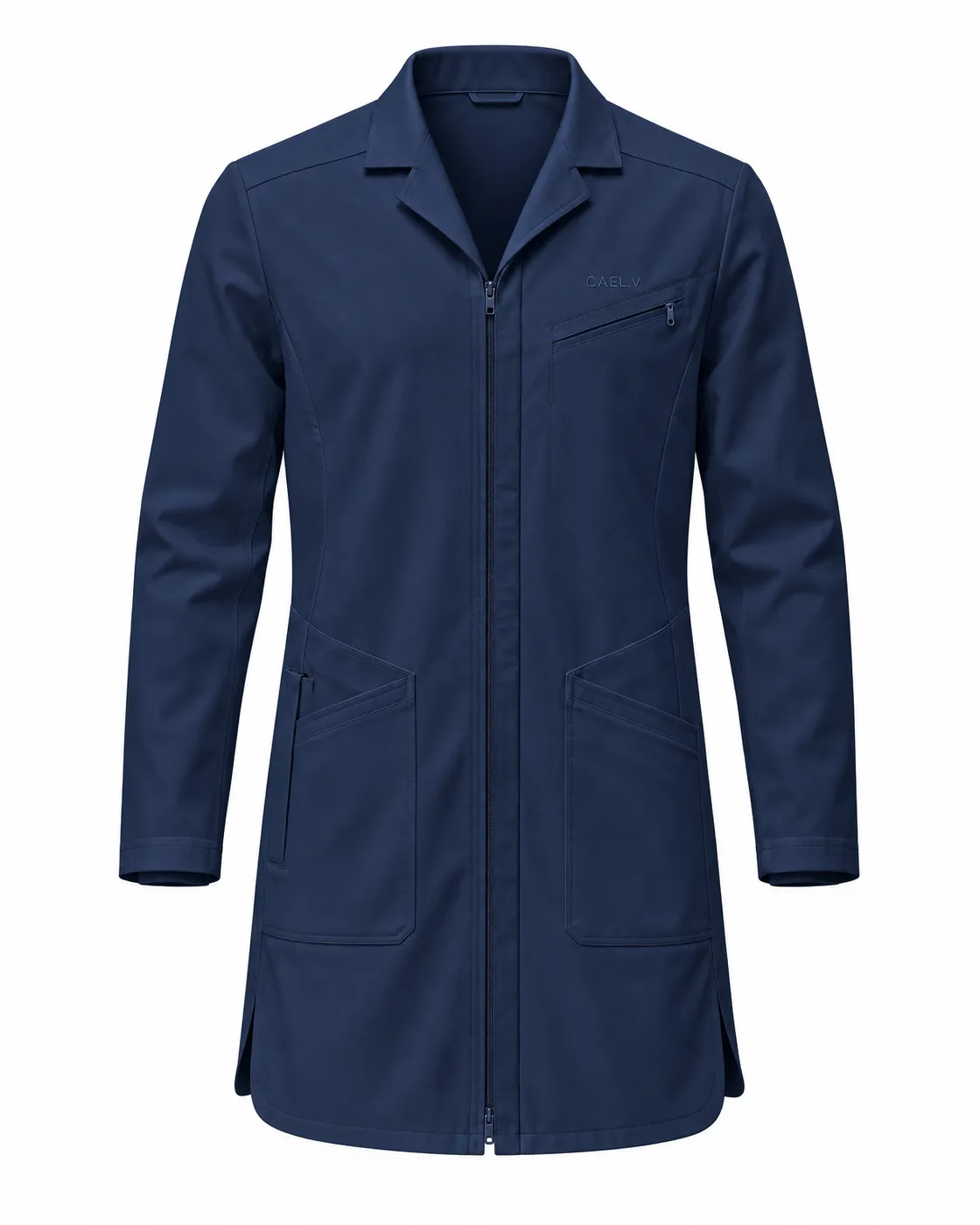 Notch-Lapel Zip Lab Coat — Front · Navy