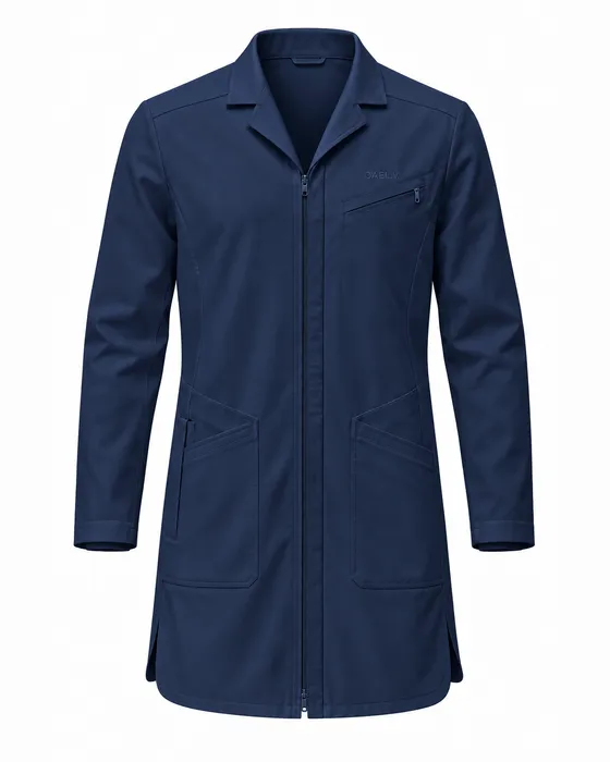 Notch-Lapel Zip Lab Coat, Navy