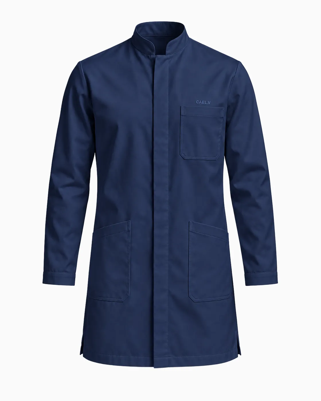 Mandarin Placket Lab Coat — Front · Navy