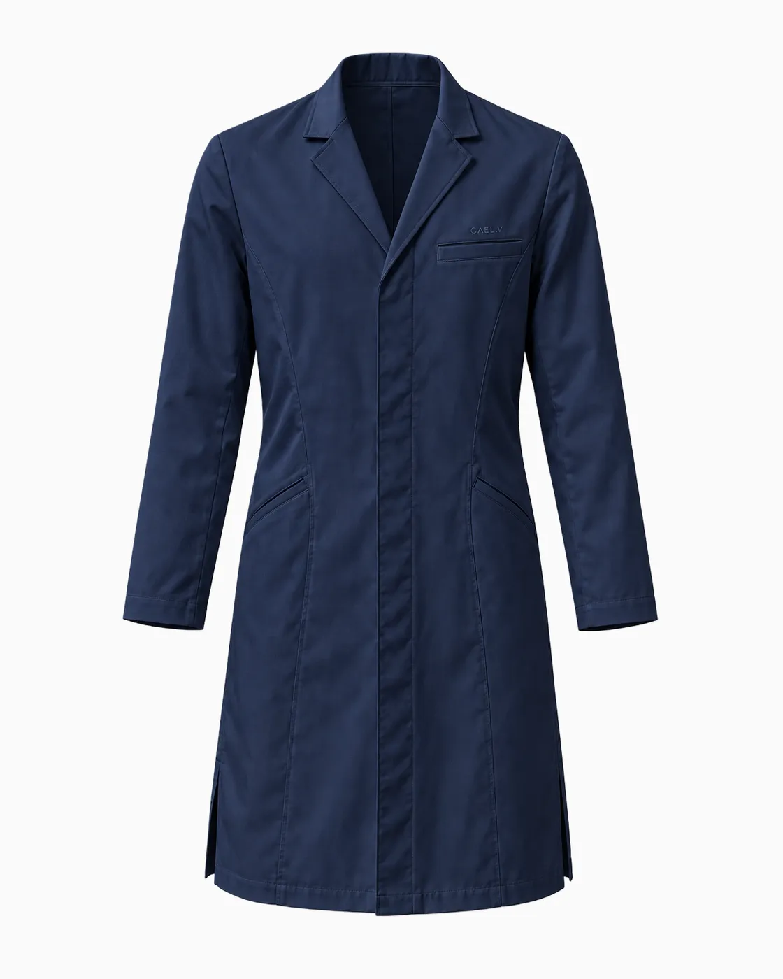 Tailored Notch-Lapel Lab Coat — Front · Navy