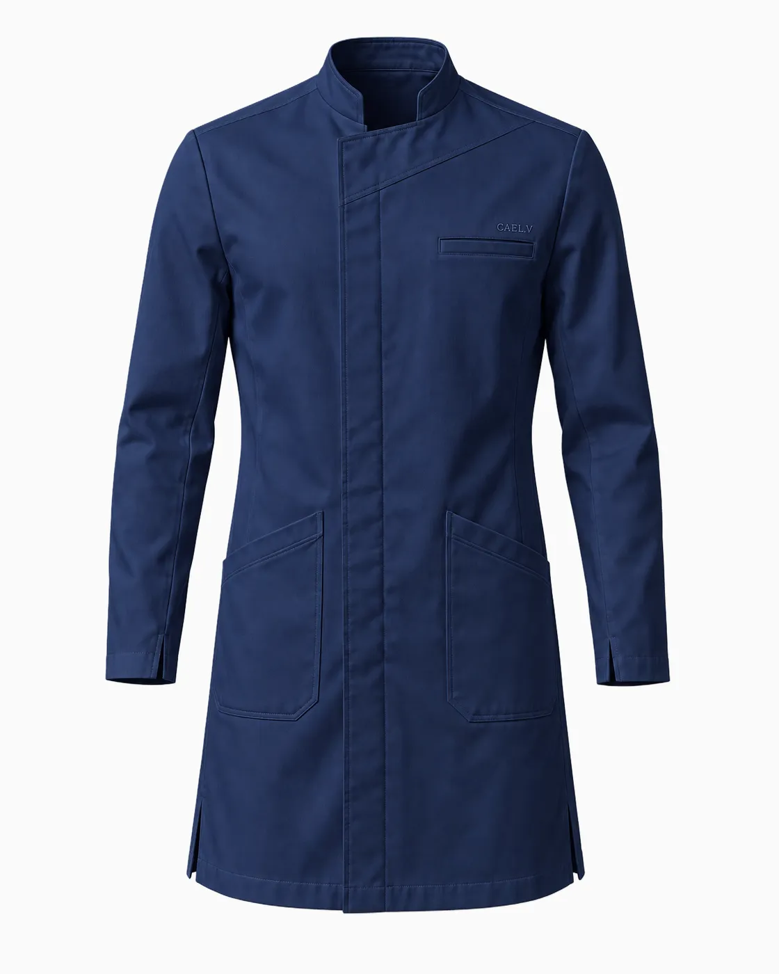 Offset Mandarin Lab Coat — Front · Navy