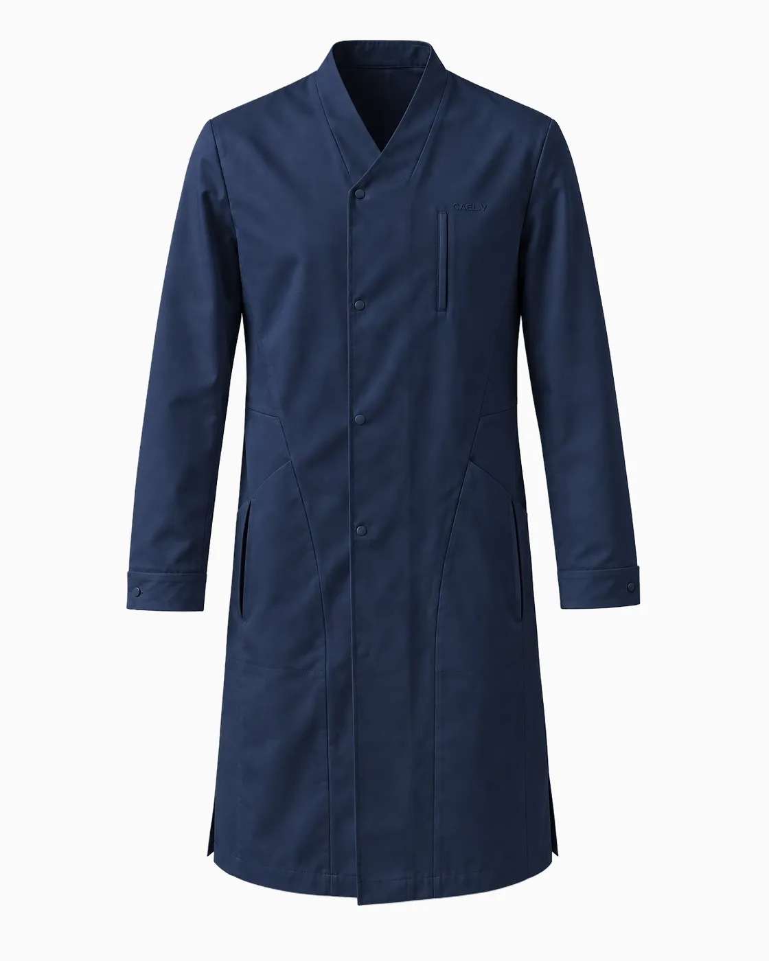 Shawl-Collar Lab Coat — Front · Navy