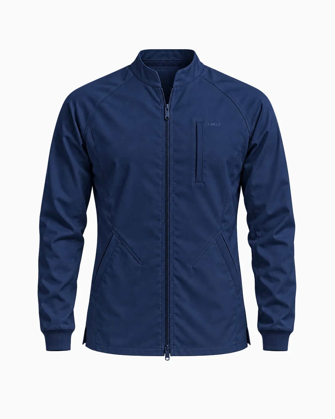 Stand-Collar Zip Jacket — Front · Navy