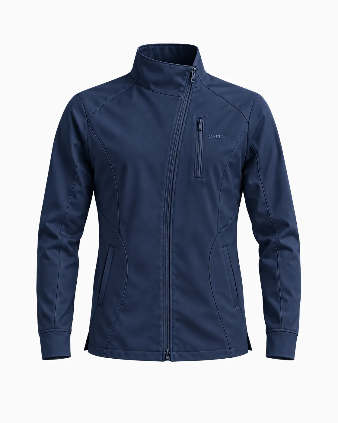 Asymmetric Zip Jacket — Front · Navy