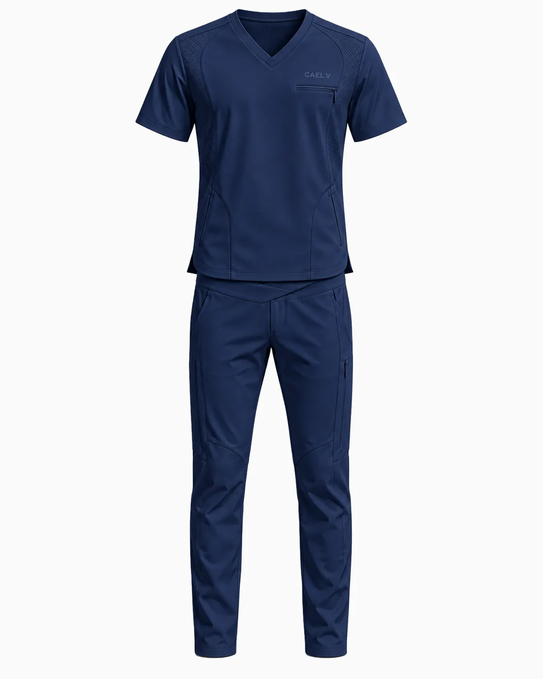 Zip-Pocket V-Neck Set — Front · Navy