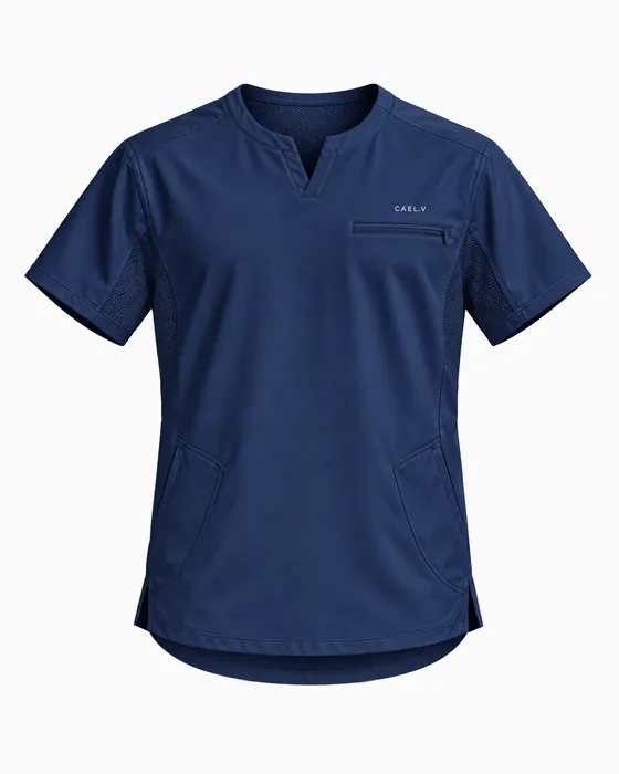 Notch-Neck Chest-Zip Top, Navy