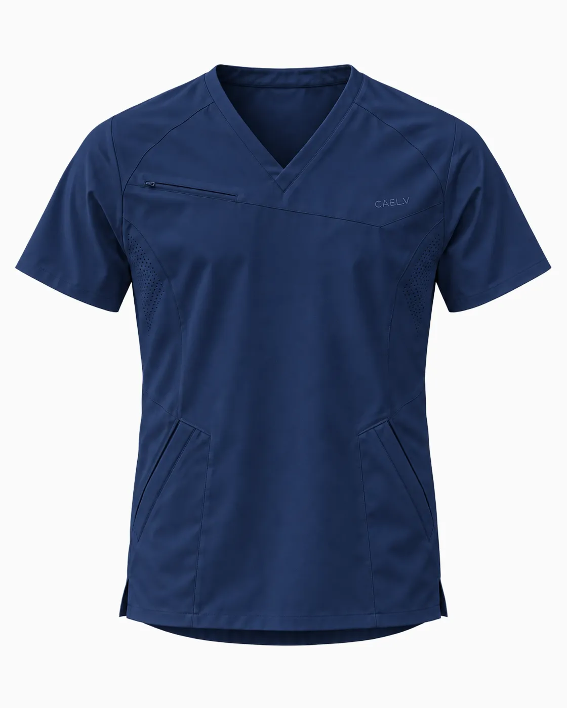 Diagonal-Yoke V-Neck Top — Front · Navy