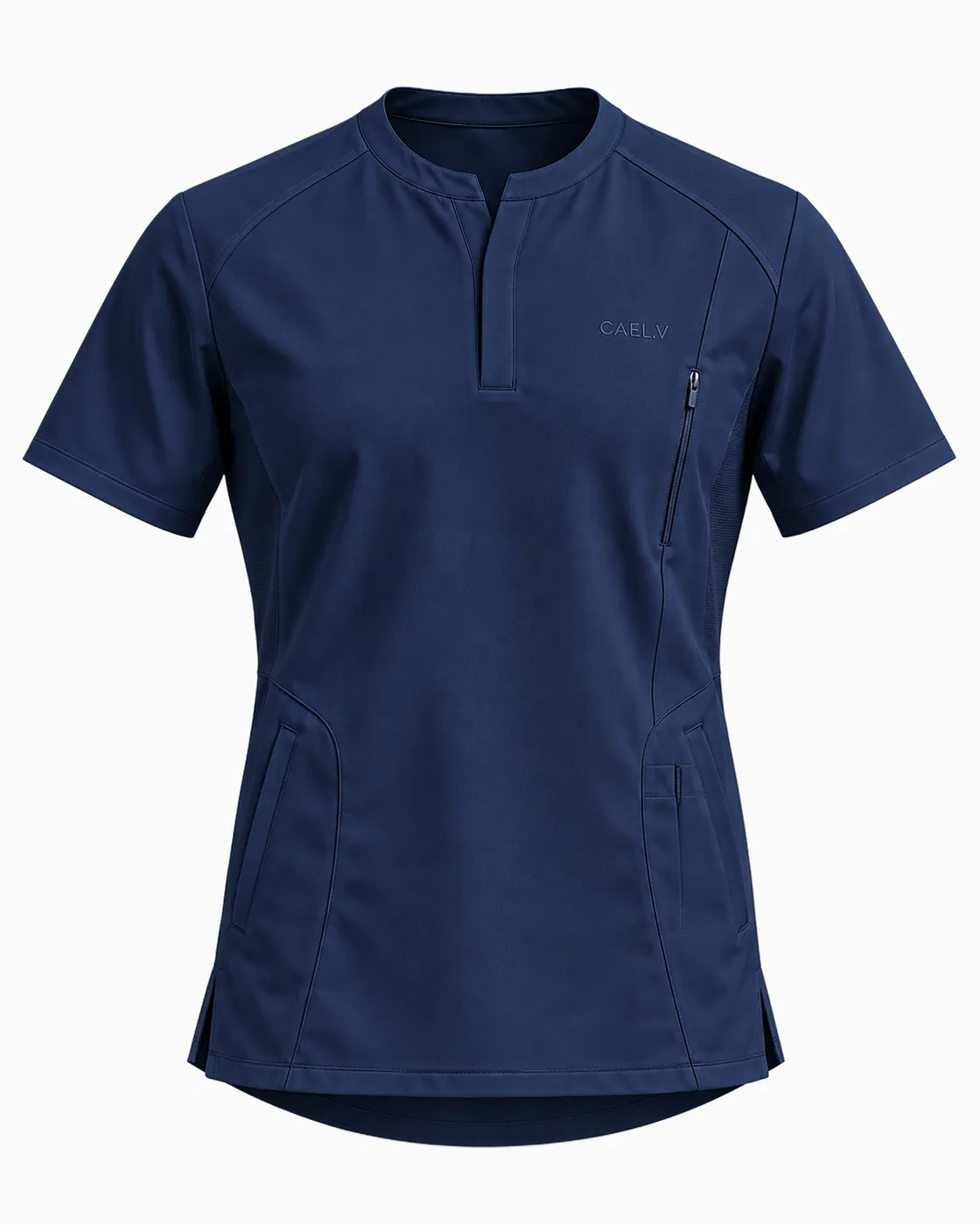 Stand-Collar Notch Top — Front · Navy