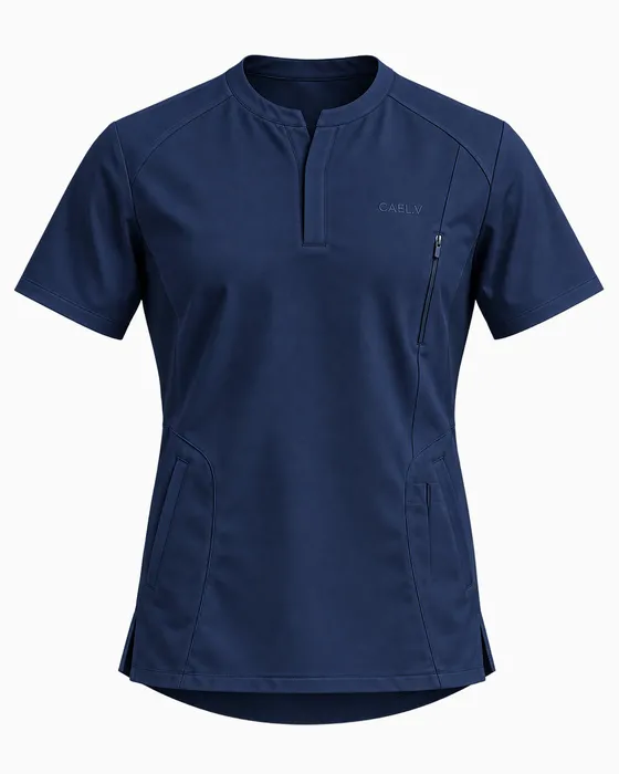 Stand-Collar Notch Top, Navy