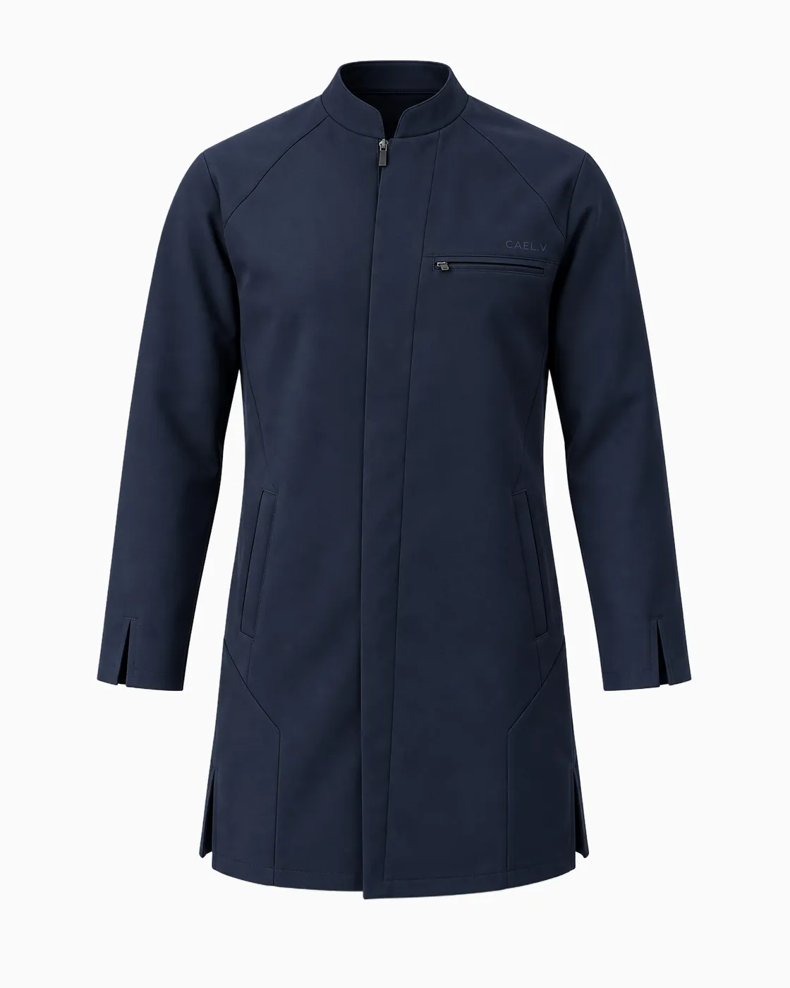 Stand-Collar Zip Lab Coat — Front · Navy