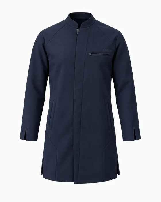 Stand-Collar Zip Lab Coat, Navy