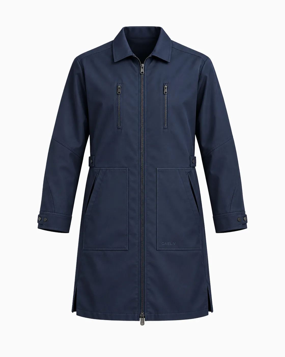 Shirt-Collar Zip Lab Coat — Front · Navy