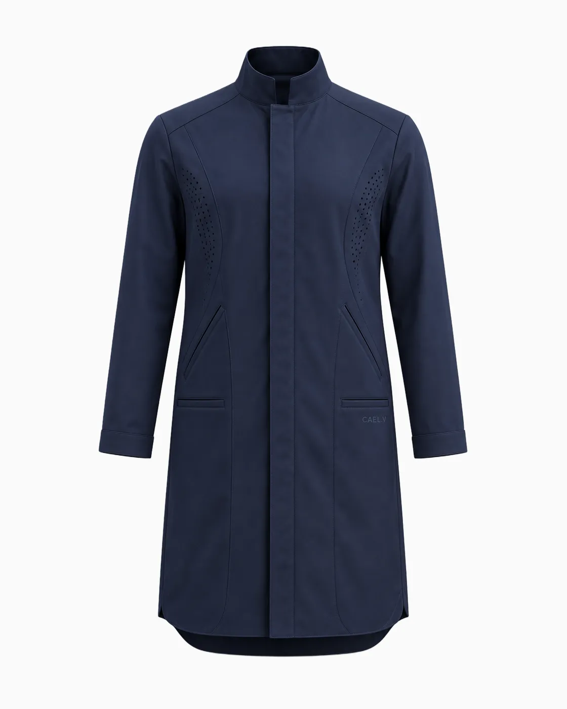 Mandarin Mesh-Panel Lab Coat — Front · Navy
