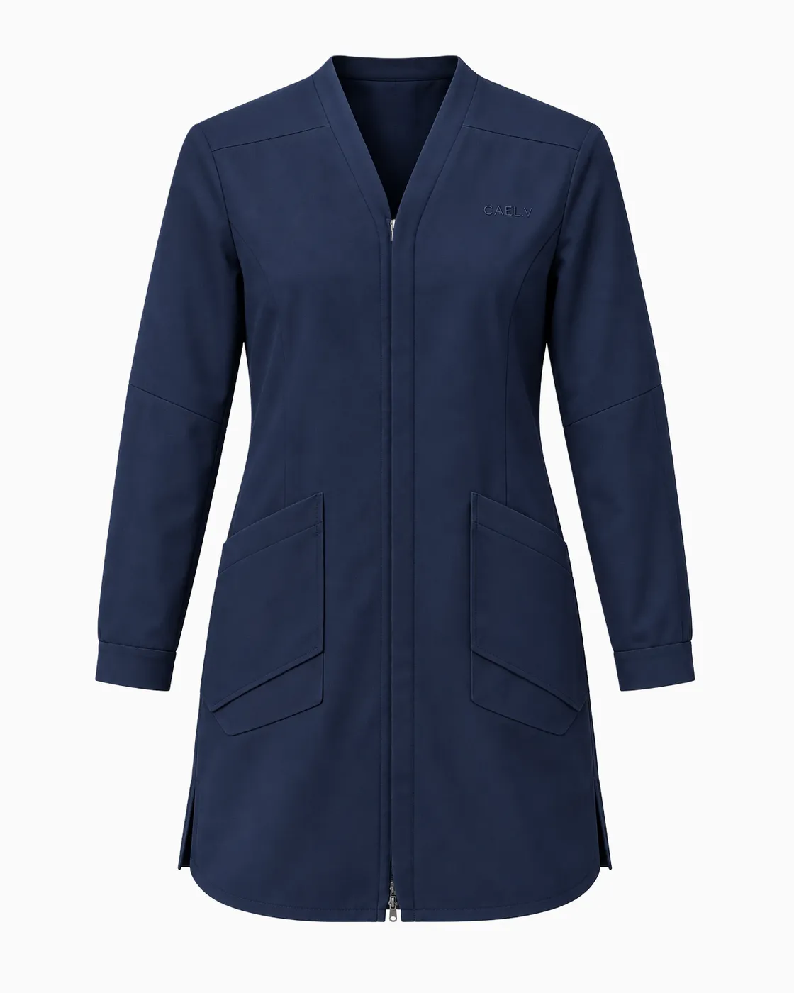Collarless Zip Lab Coat — Front · Navy