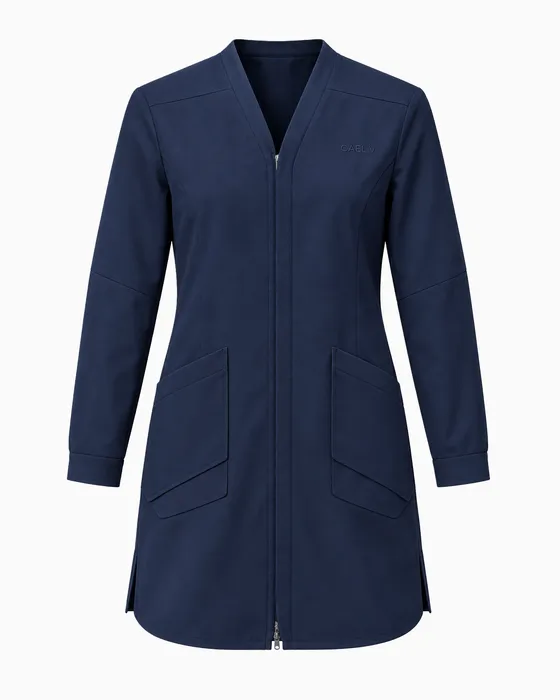 Collarless Zip Lab Coat, Navy
