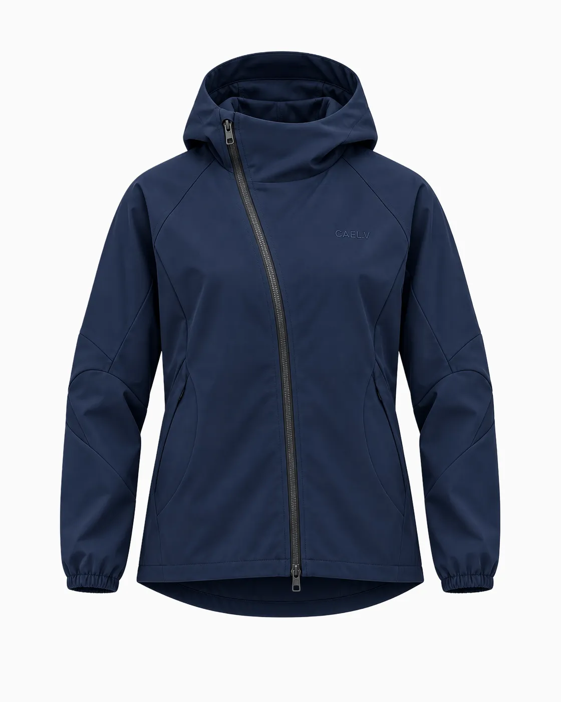 Hooded Asymmetric Jacket — Front · Navy