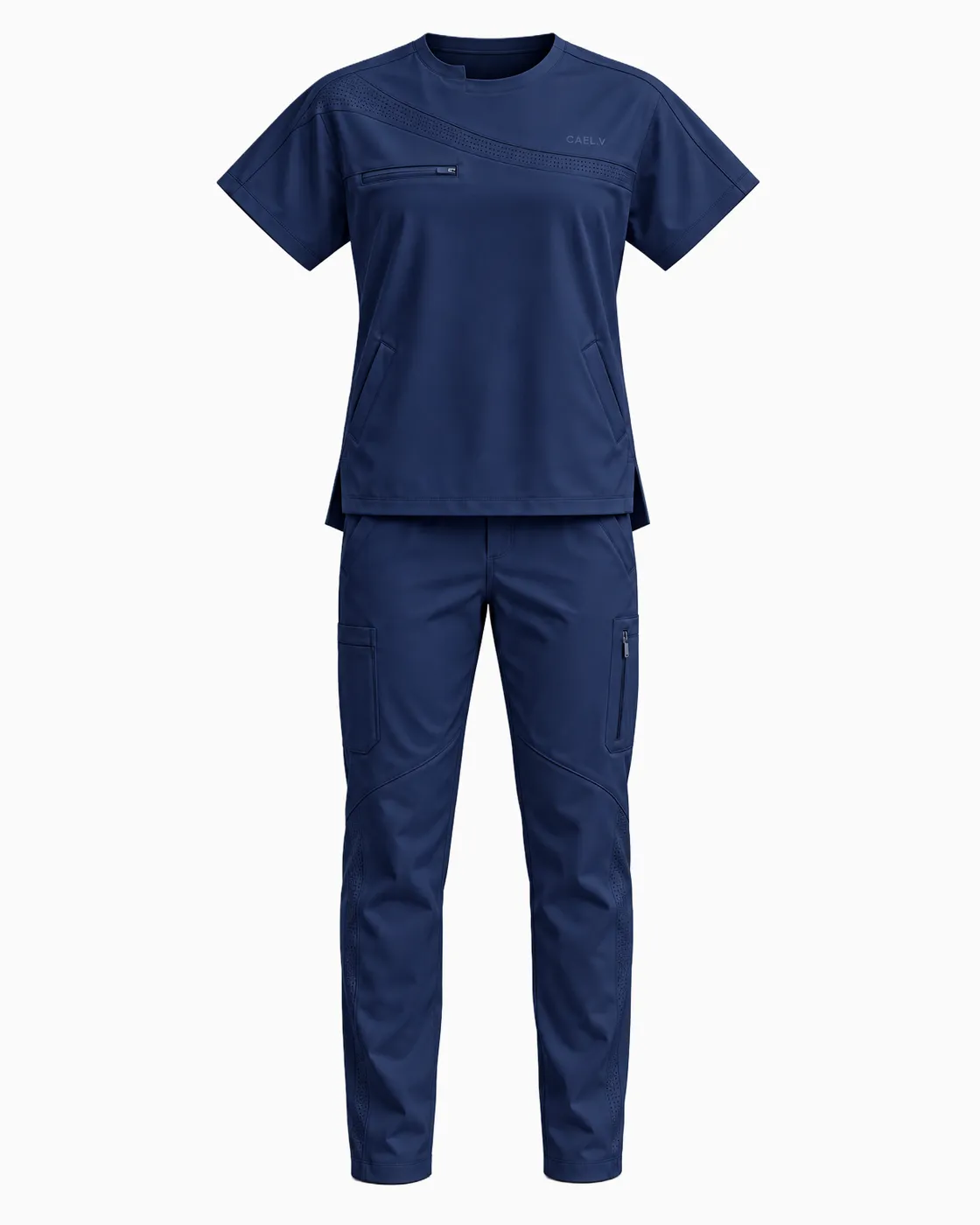 Crew-Neck Chest-Zip Set — Front · Navy