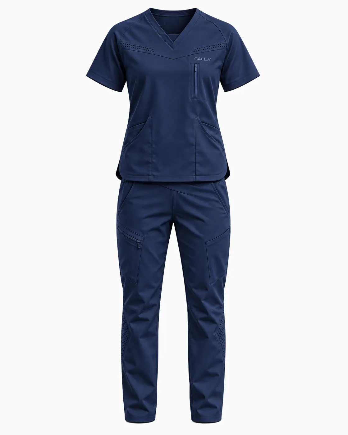 V-Neck Zip-Pocket Set — Front · Navy