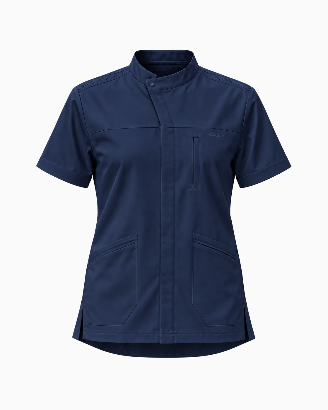 Stand-Collar Placket Top — Front · Navy