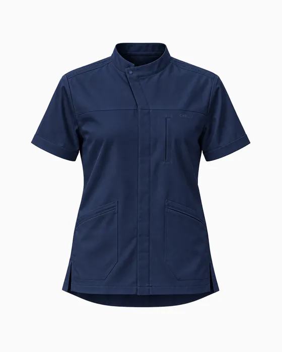 Stand-Collar Placket Top, Navy
