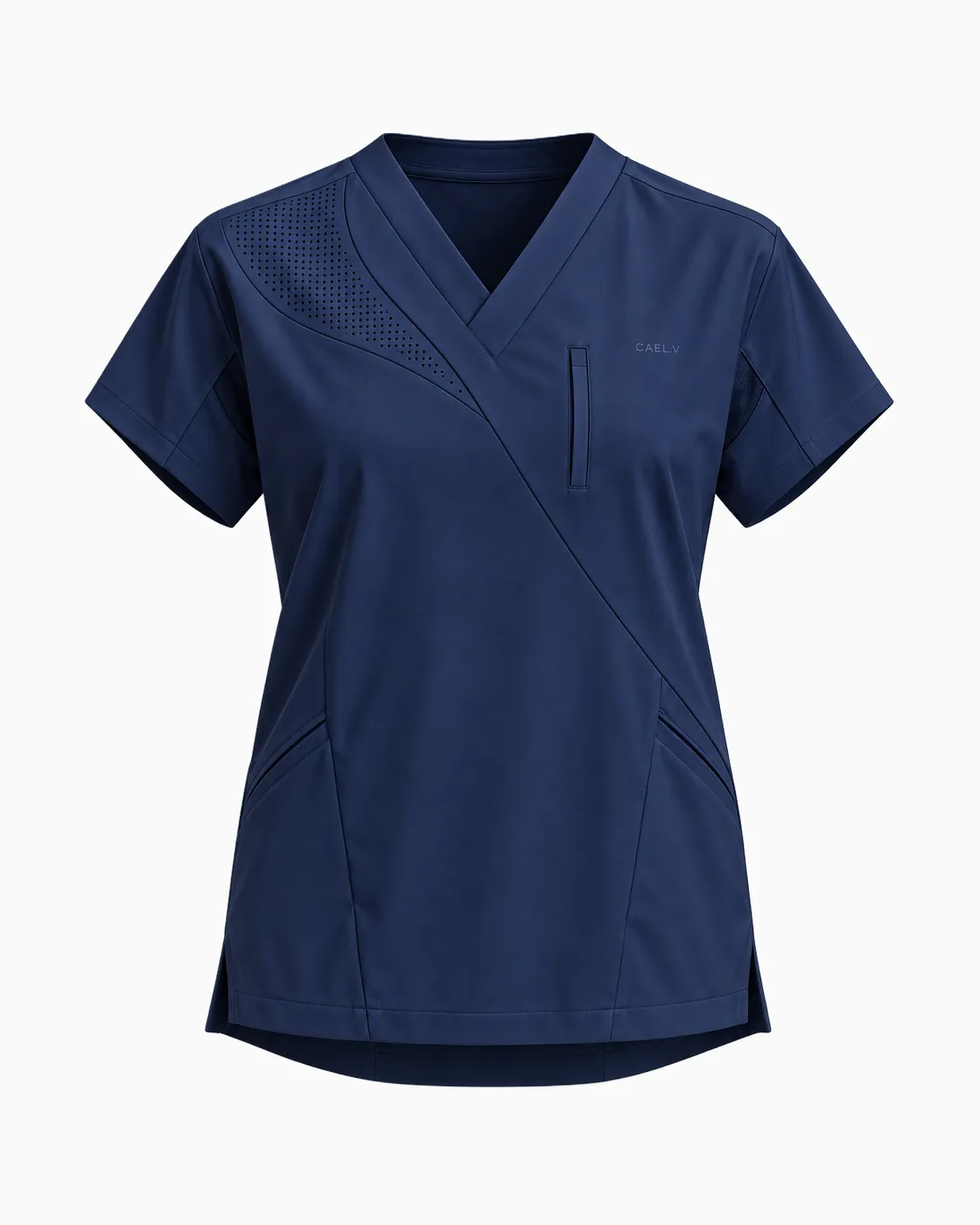 Crossover Mesh-Shoulder Top — Front · Navy