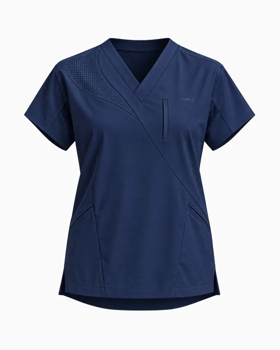 Crossover Mesh-Shoulder Top, Navy