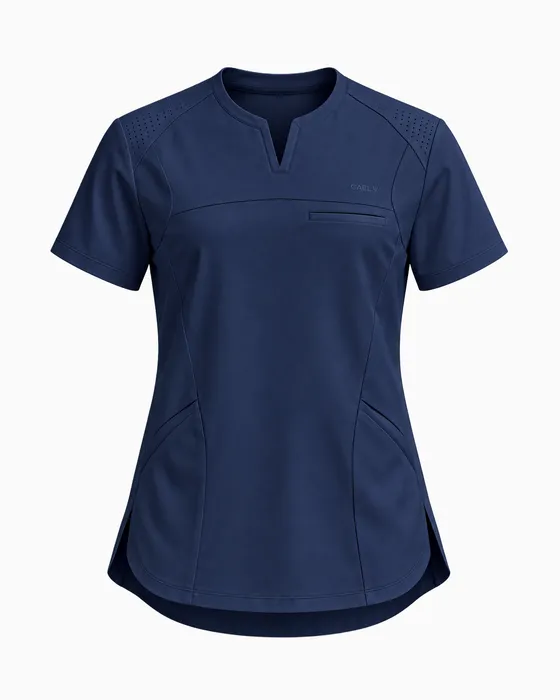 Notch-Neck Yoke Top, Navy