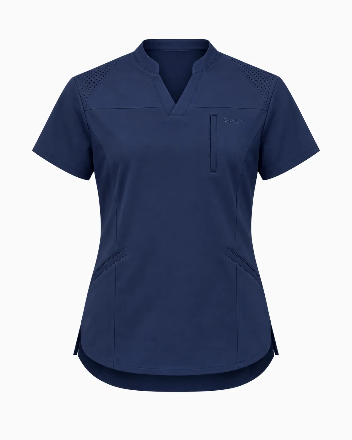 Notch-Neck Mesh-Yoke Top — Front · Navy