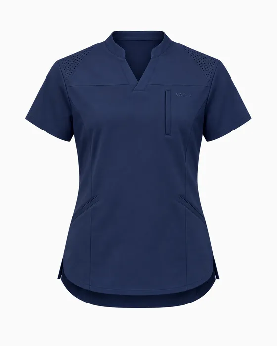 Notch-Neck Mesh-Yoke Top, Navy