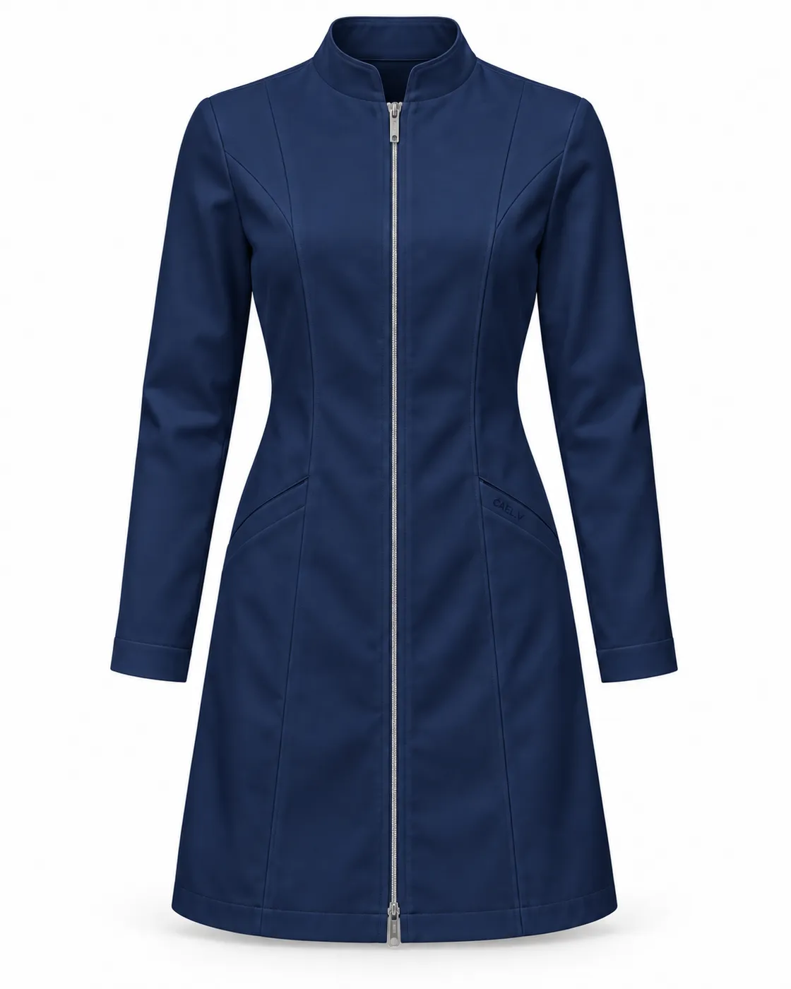 Mandarin Zip Slim Lab Coat — Front · Navy