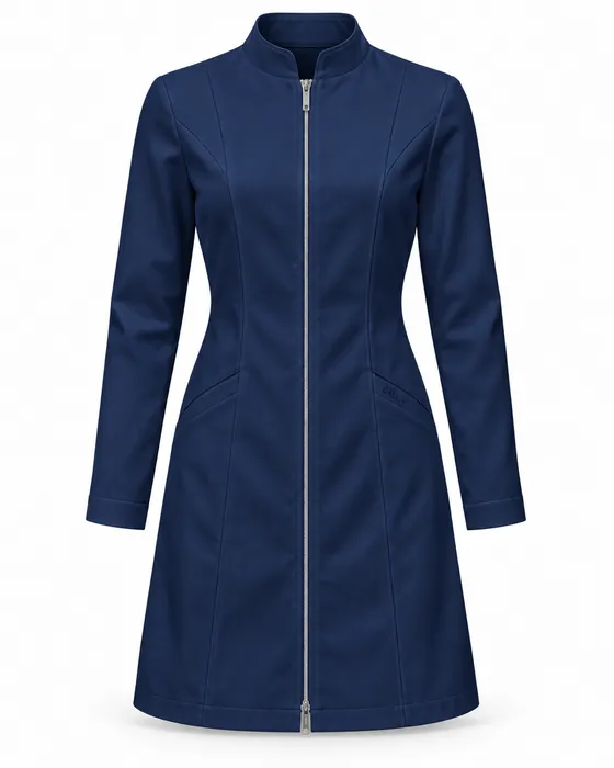Mandarin Zip Slim Lab Coat, Navy