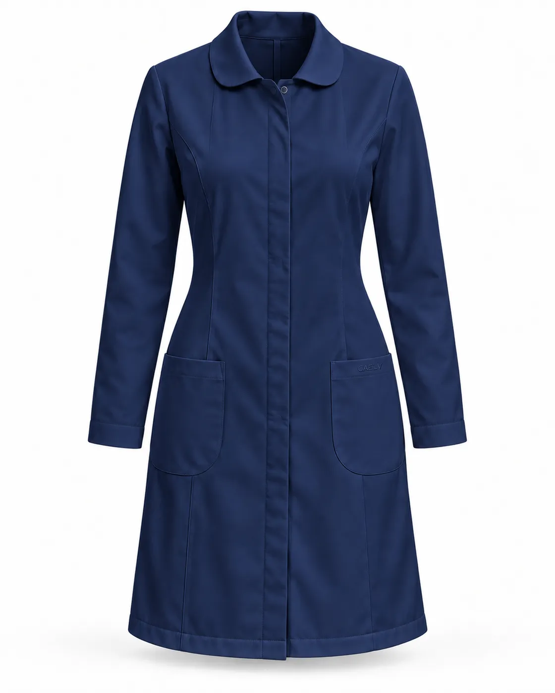 Round-Collar Lab Coat — Front · Navy