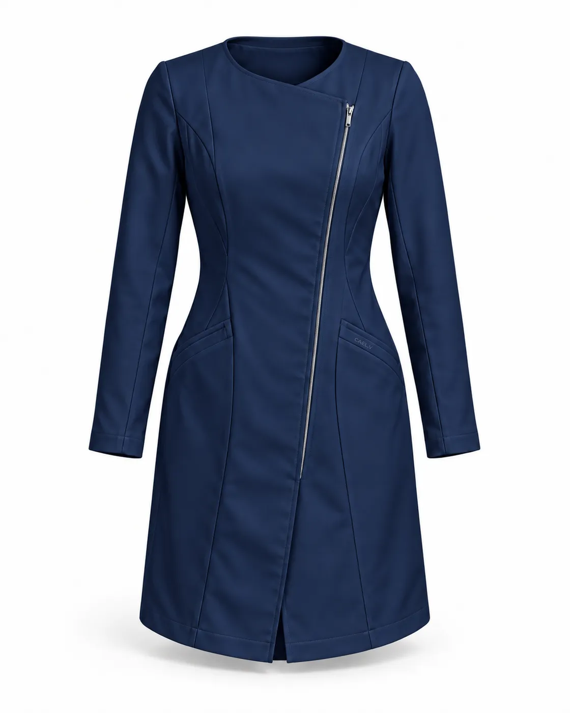 Asymmetric Side-Zip Lab Coat — Front · Navy
