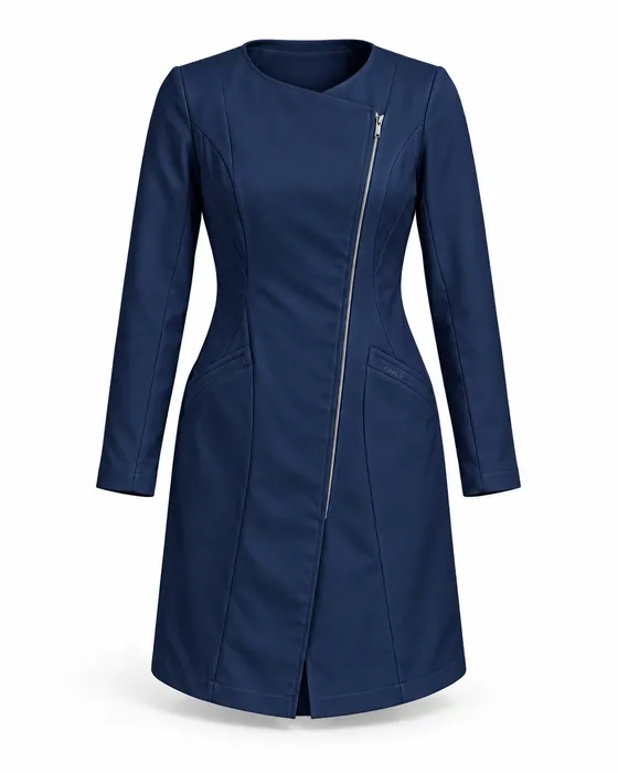 Asymmetric Side-Zip Lab Coat, Navy