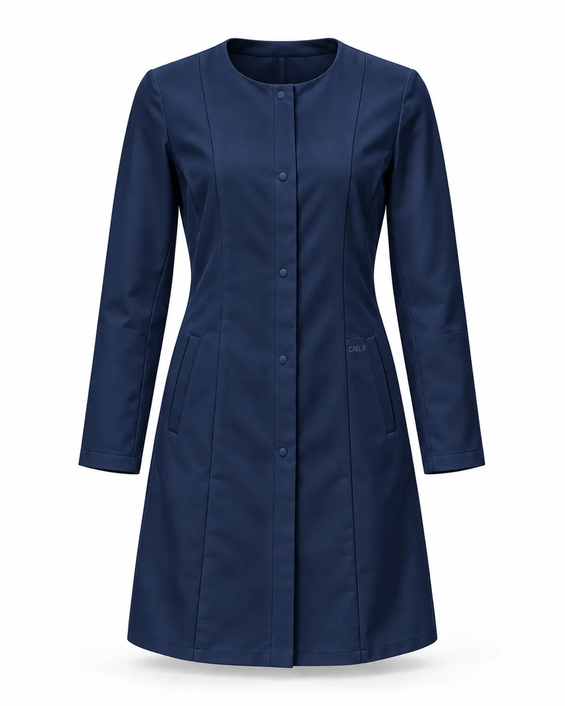 Collarless Minimal Lab Coat — Front · Navy