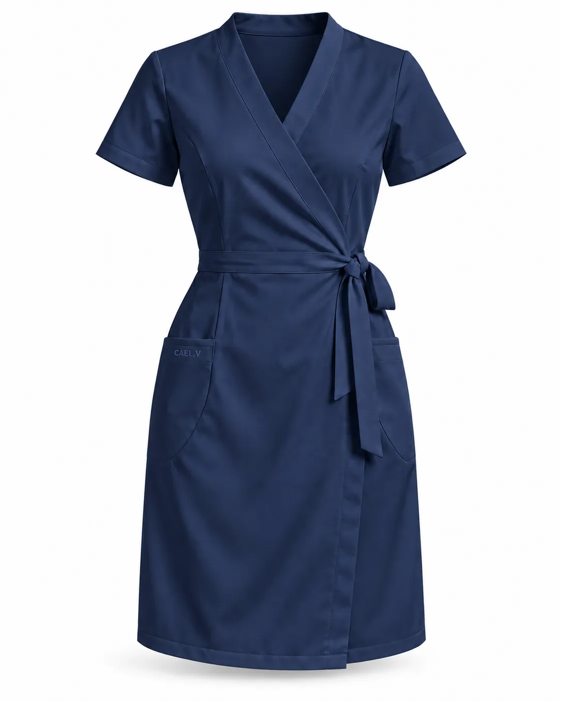 Belted Wrap Dress — Front · Navy
