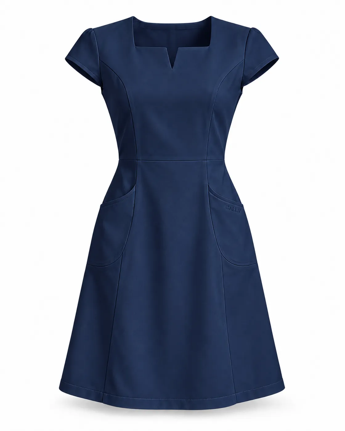 Square-Notch A-Line Dress — Front · Navy