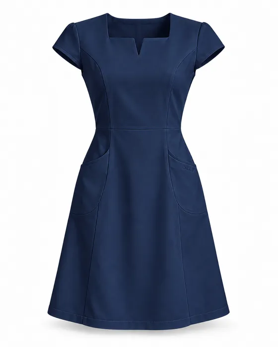 Square-Notch A-Line Dress, Navy
