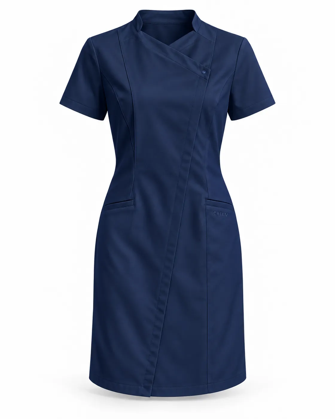 Asymmetric Snap Dress — Front · Navy