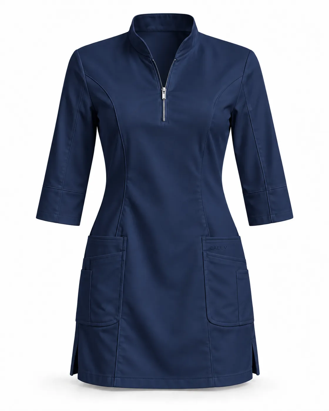 Funnel-Collar Zip Dress — Front · Navy