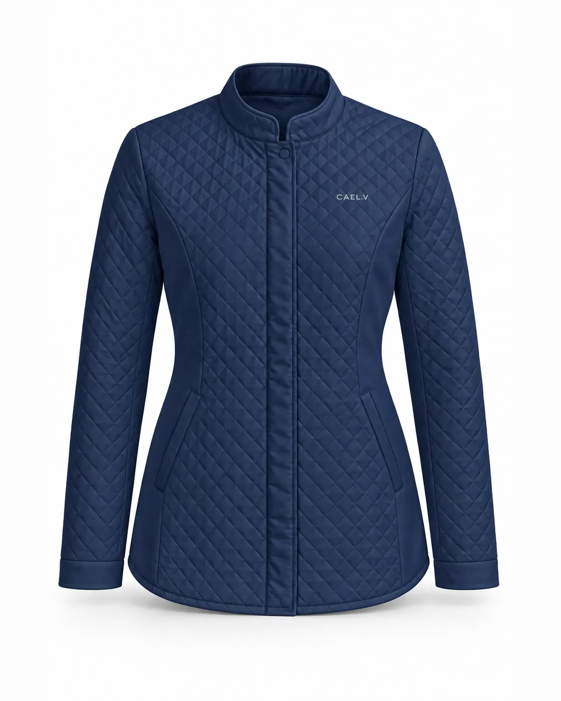 Quilted Stand-Collar Jacket — Front · Navy