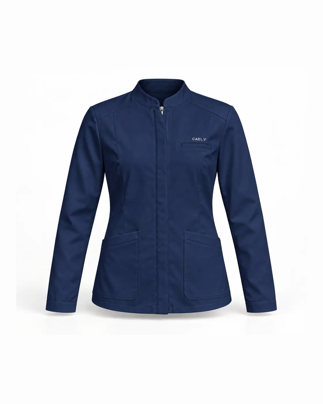 Mandarin Zip Jacket — Front · Navy