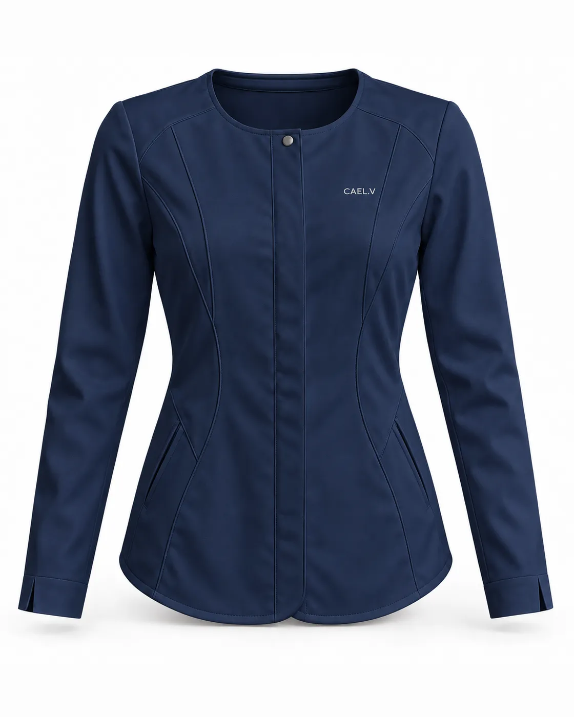 Collarless Placket Jacket — Front · Navy