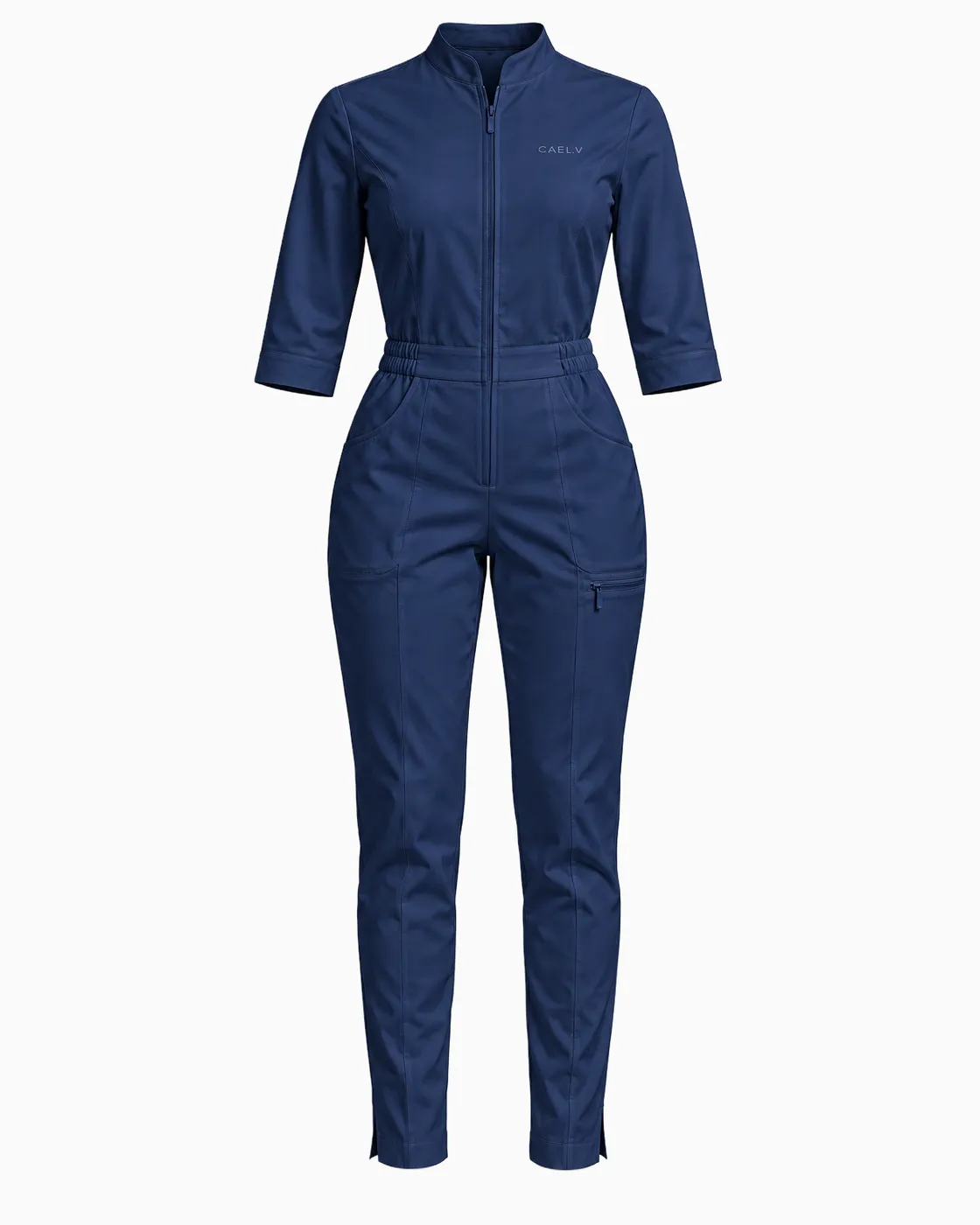 Stand-Collar Zip Jumpsuit — Front · Navy