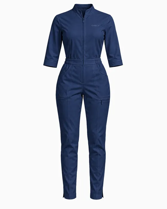 Stand-Collar Zip Jumpsuit, Navy