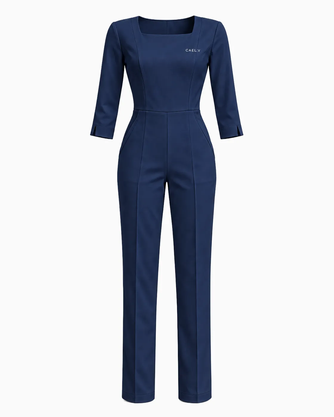 Square-Neck Tailored Jumpsuit — Front · Navy