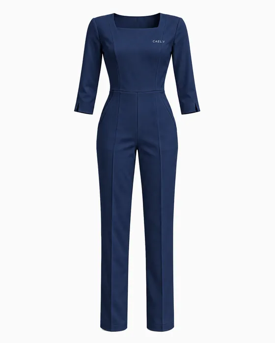 Square-Neck Tailored Jumpsuit, Navy
