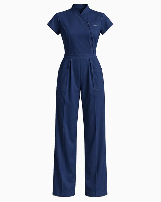 Wrap-Collar Wide-Leg Jumpsuit, Navy