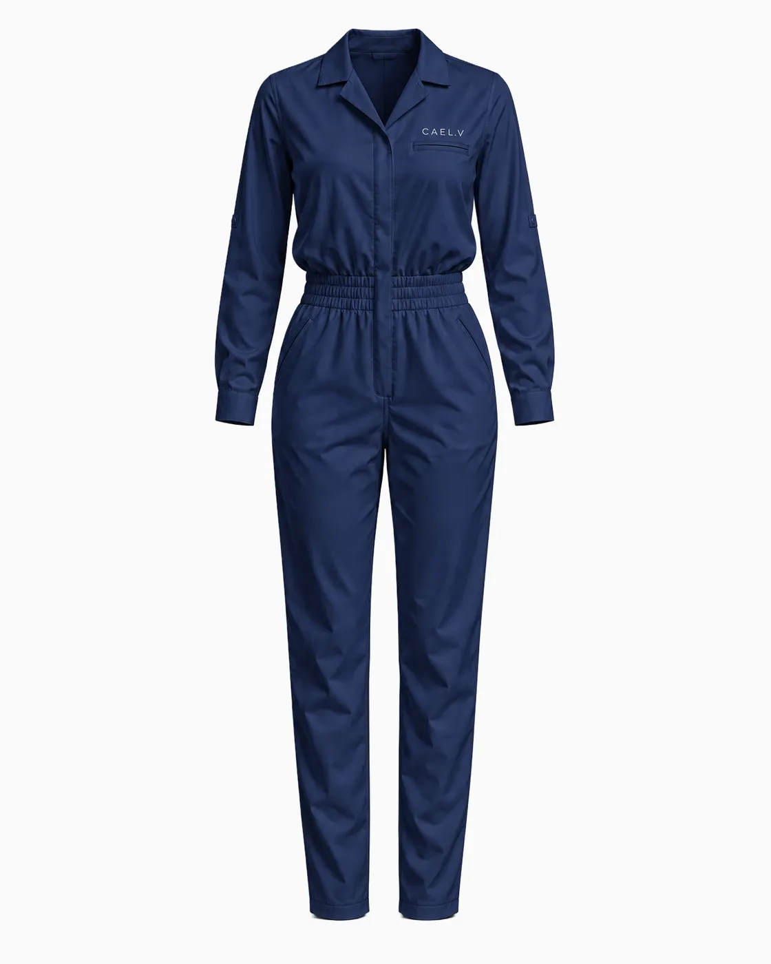 Shirt-Collar Utility Jumpsuit — Front · Navy